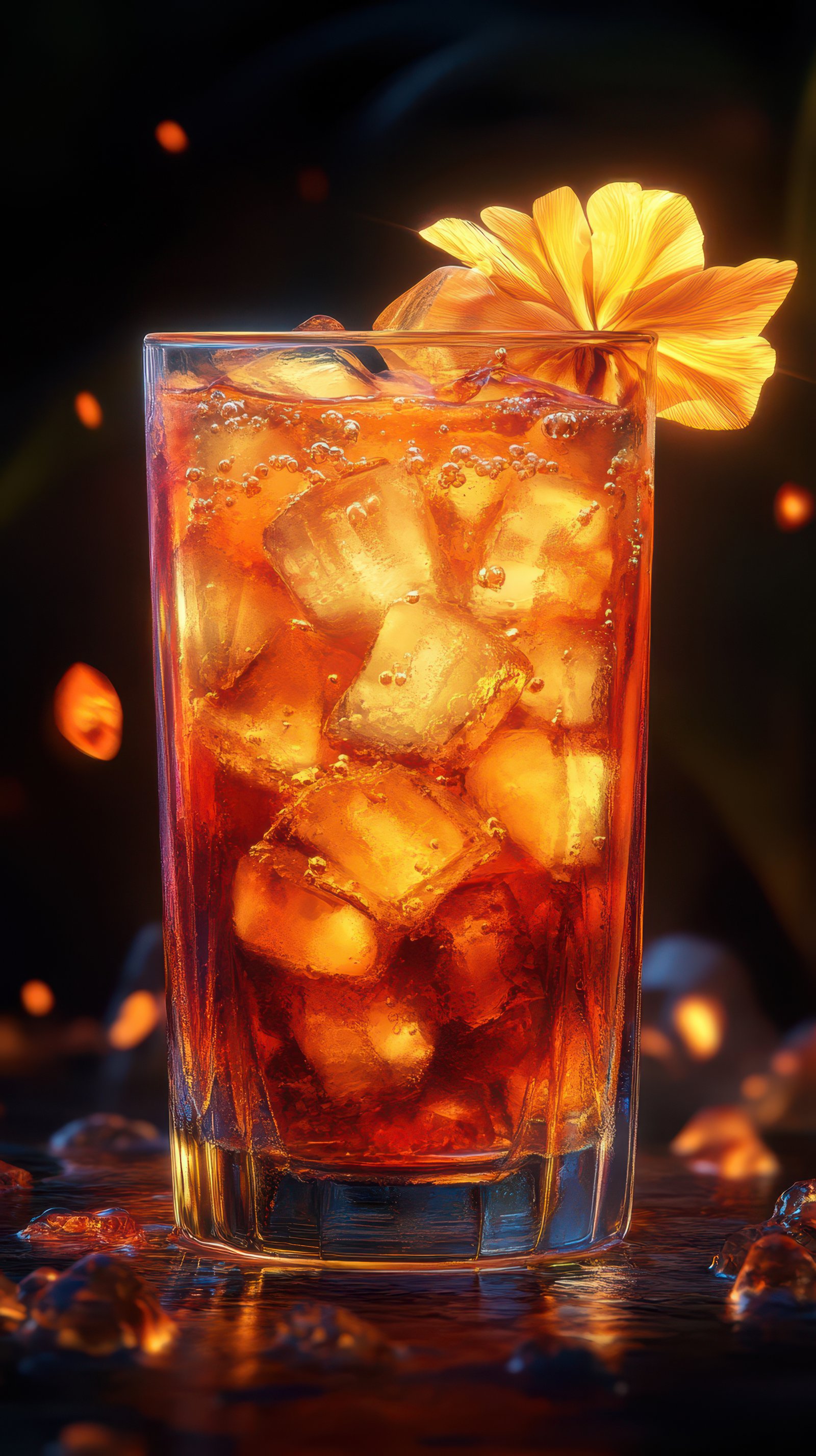 Refreshing iced drink garnished with a flower and ice cubes in a transparent glass